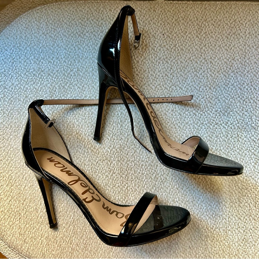 Sam Edelman Black Patent Heels Ariella Women’s 8 Open Toe Strap Shoes Leather